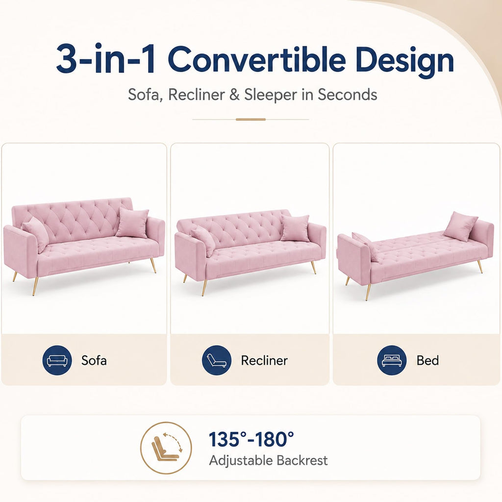 Pink Velvet Futon Sofa Bed T387319