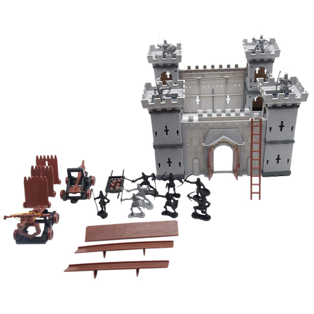 Medieval Castle Knights Action Figure Toy Playset with Catapult and Horse-Drawn Carriage D3254