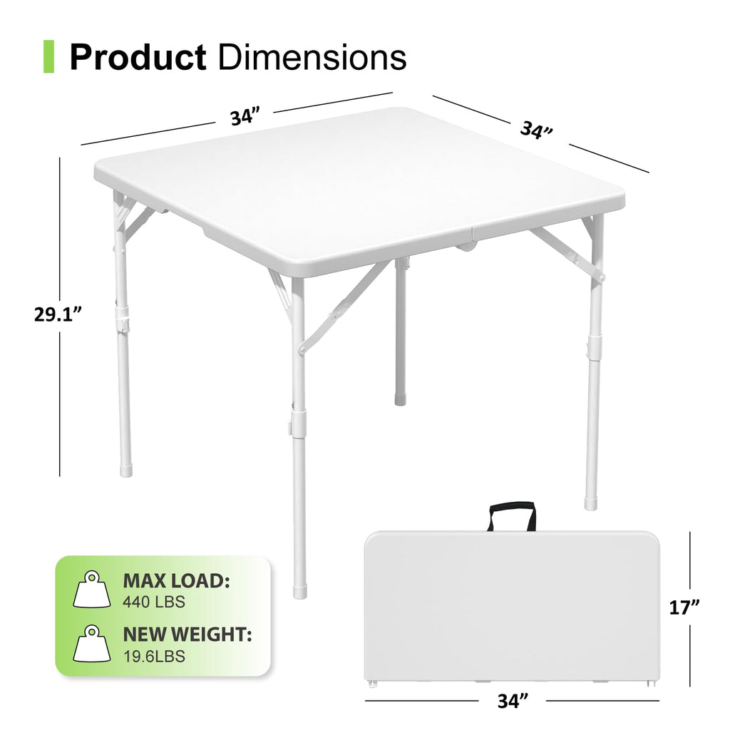 34" White Square Folding Plastic Table with Carrying Handle Q394