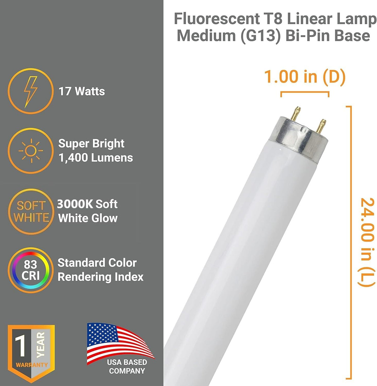 24 Inch T8 Fluorescent Tube Light Bulb 17W 1400 Lumens 3000K Soft White G13 Medium Bi-Pin Base 2 Foot Straight Linear Lamp Pack of 30 K31471