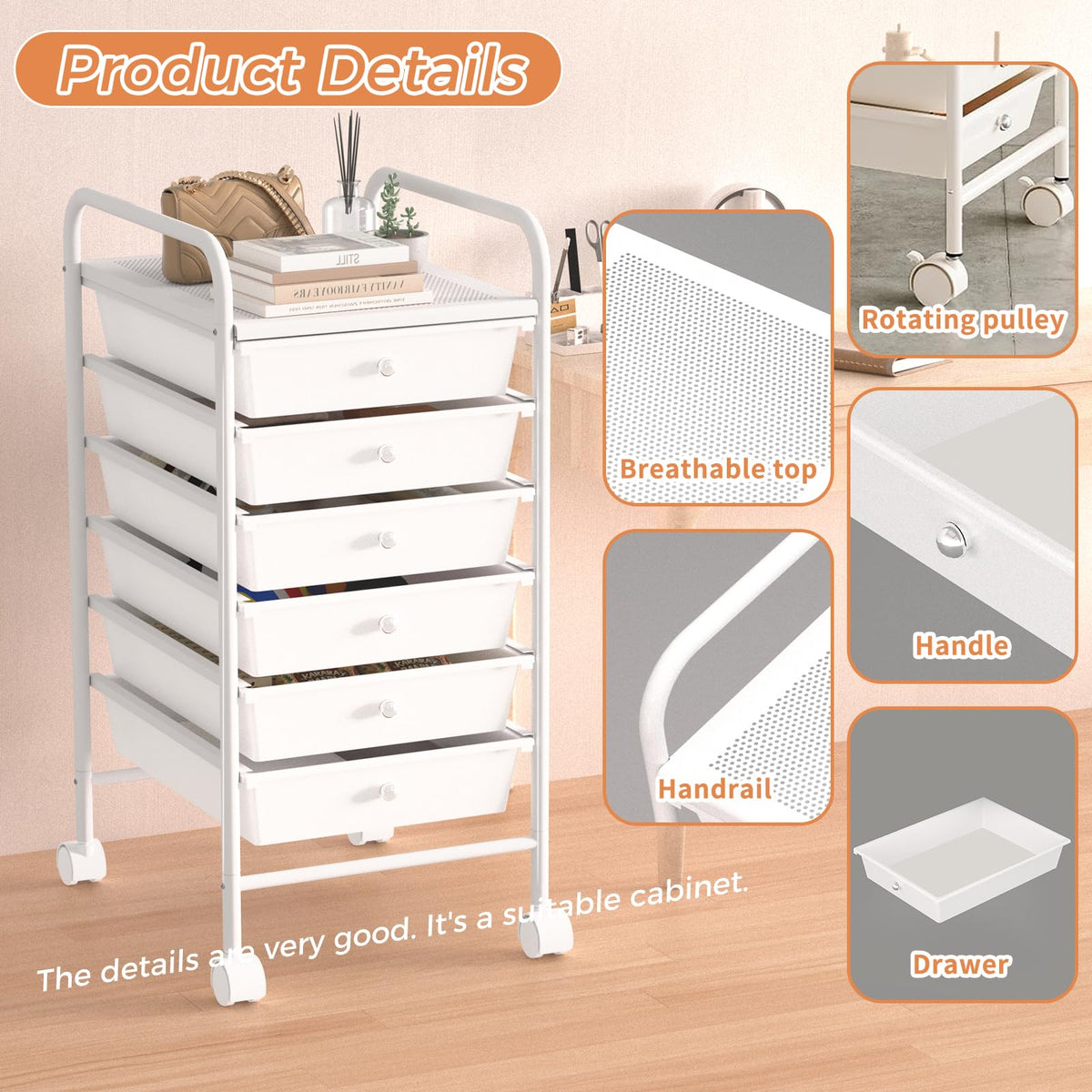 White 6 Tier Rolling Storage Cart with 6 Drawers Q452