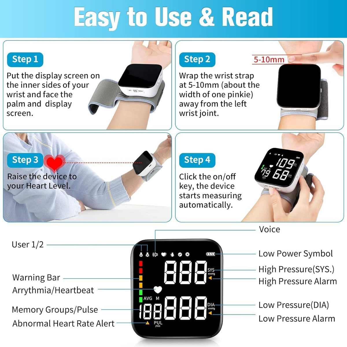 Wrist Blood Pressure Monitor with 90X2 Readings Memory I27592
