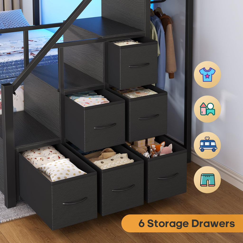 Twin Over Twin Bunk Bed with Trundle, Stairs, 6 Drawers, LED Lights I86404