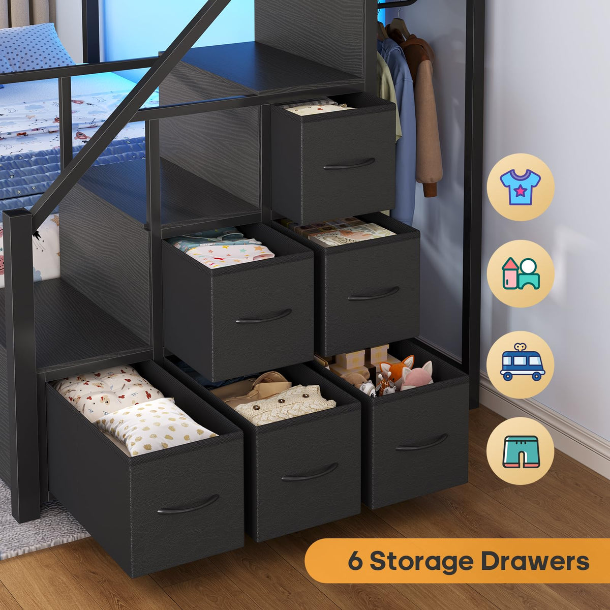 Twin Over Twin Bunk Bed with Trundle, Stairs, 6 Drawers, LED Lights I86404