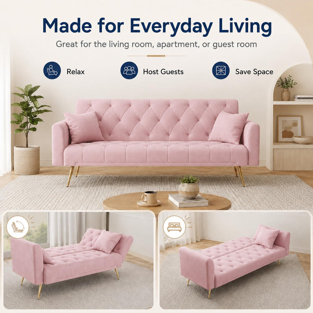 Pink Velvet Futon Sofa Bed T387319