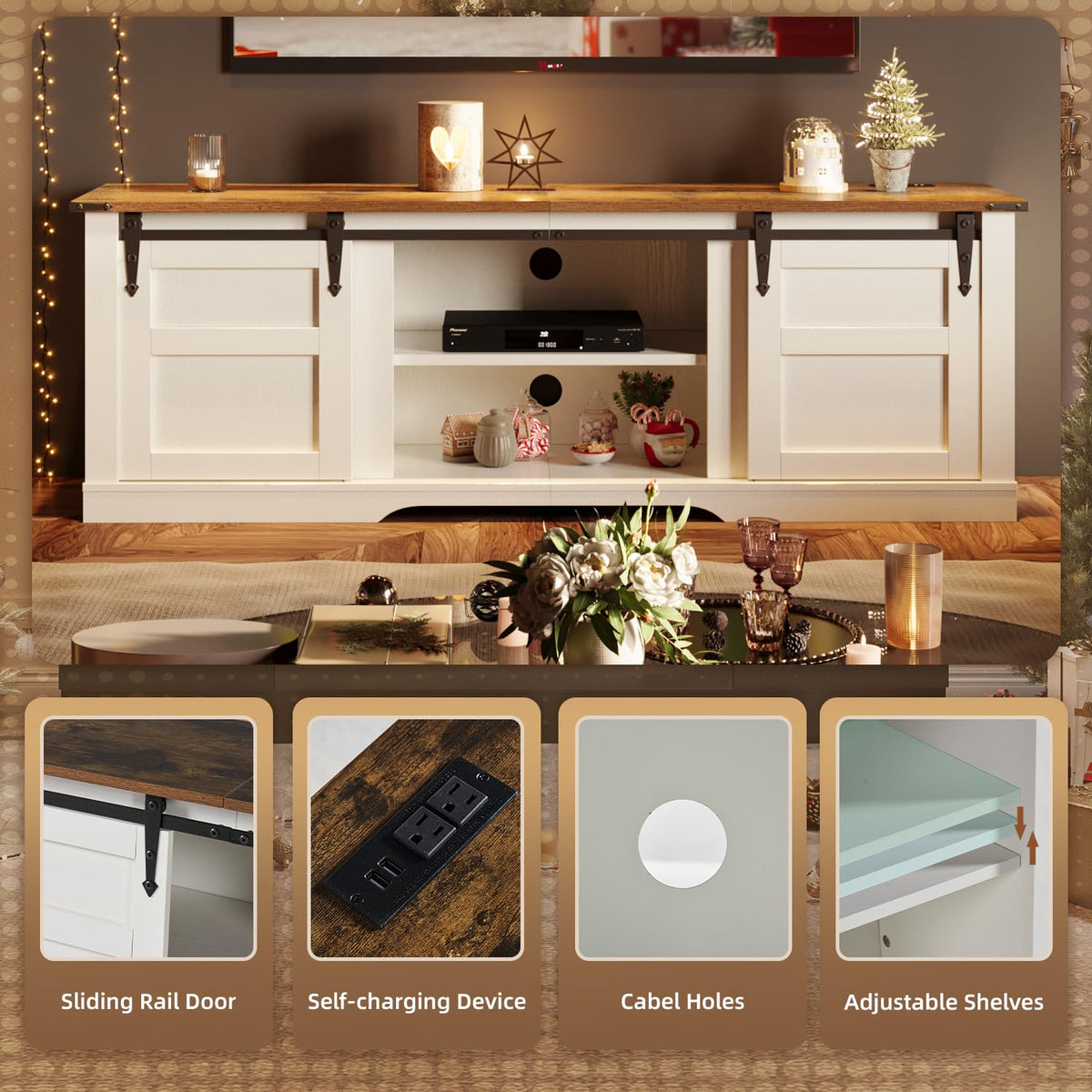 58" Farmhouse TV Stand with Sliding Barn Doors and Storage Cabinets Q53264