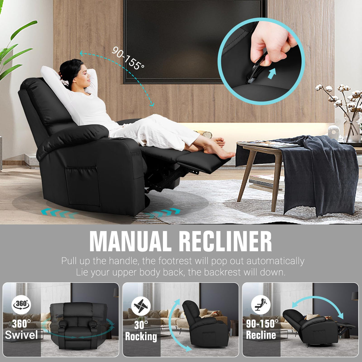 Black Faux Leather Massage Rocking Recliner Chair Z304