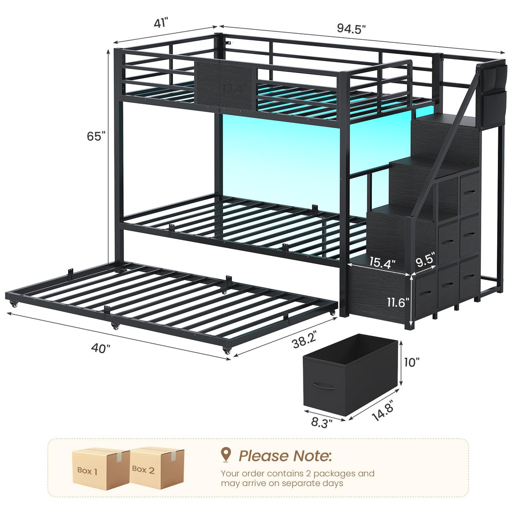 Twin Over Twin Bunk Bed with Trundle, Stairs, 6 Drawers, LED Lights I86404