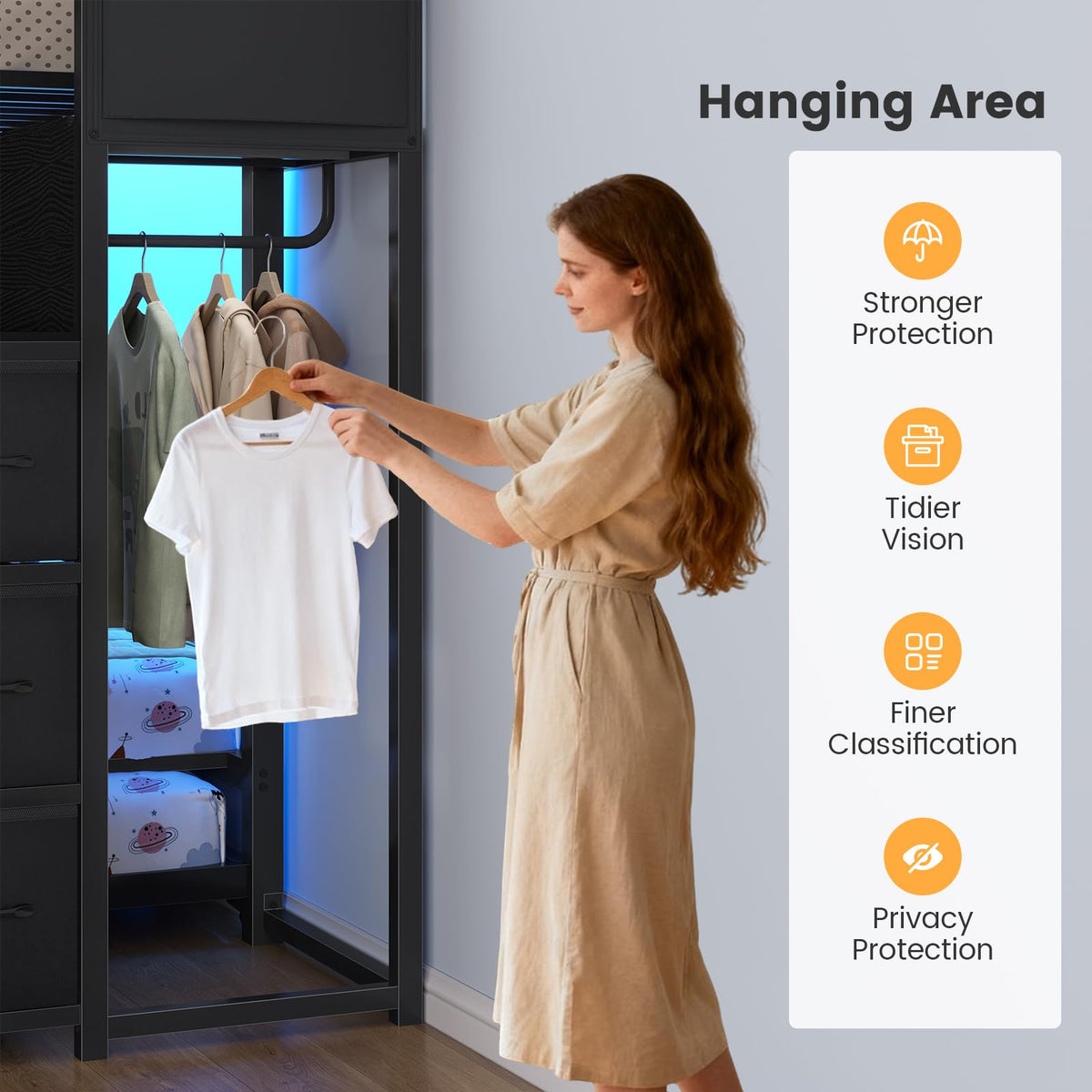 Twin Over Twin Bunk Bed with Trundle, Stairs, 6 Drawers, LED Lights I86404