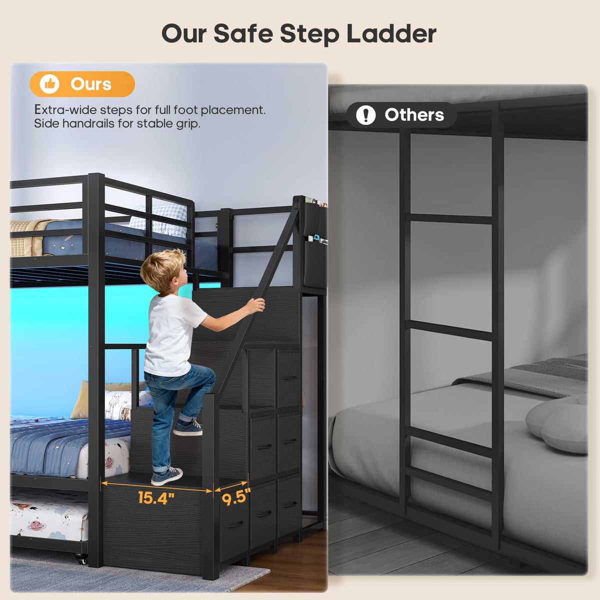 Twin Over Twin Bunk Bed with Trundle, Stairs, 6 Drawers, LED Lights I86404