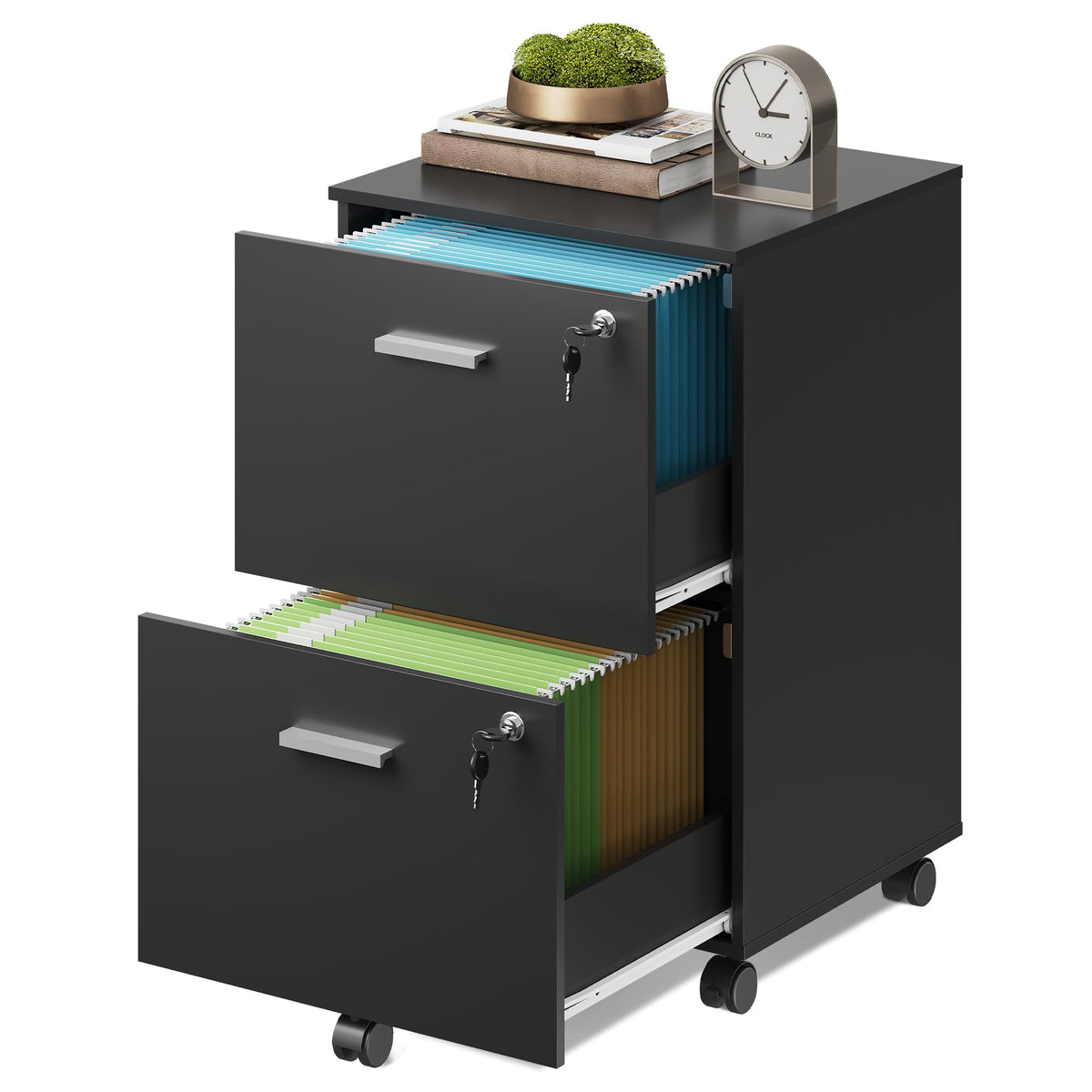 2 Drawer Wood File Cabinet with Lock, Black U8295