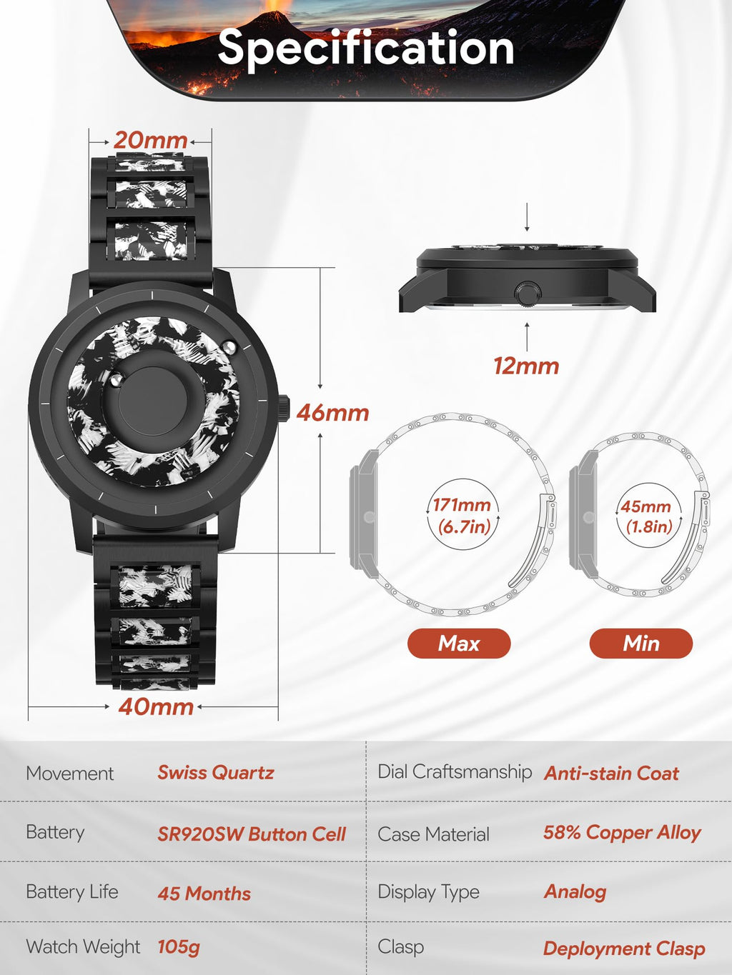 Magnetic Quartz Watch with Stainless Steel Band H7014