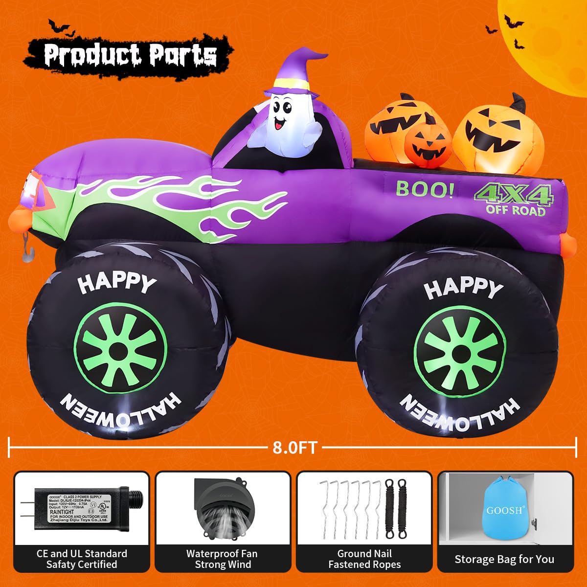 8 FT Halloween Inflatable Monster Truck with Built-in LEDs S187
