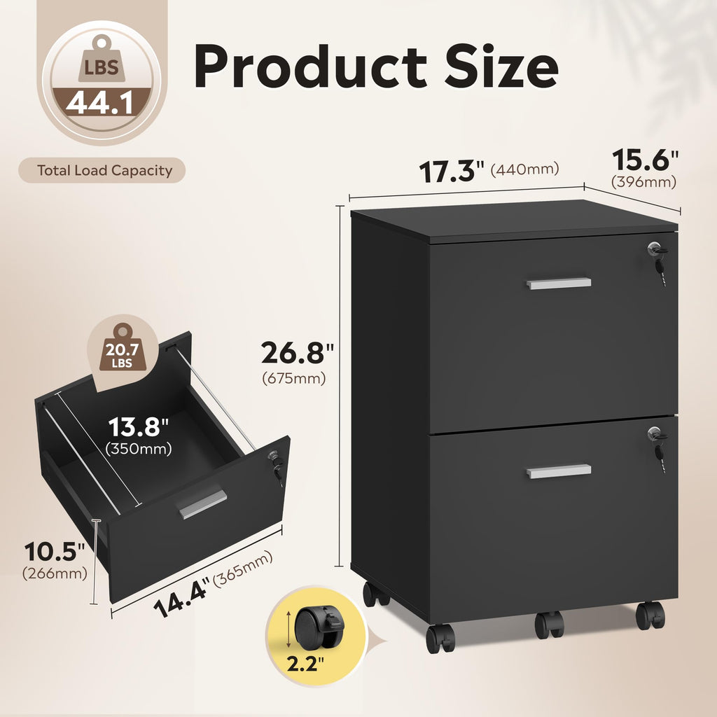 2 Drawer Wood File Cabinet with Lock, Black U8295