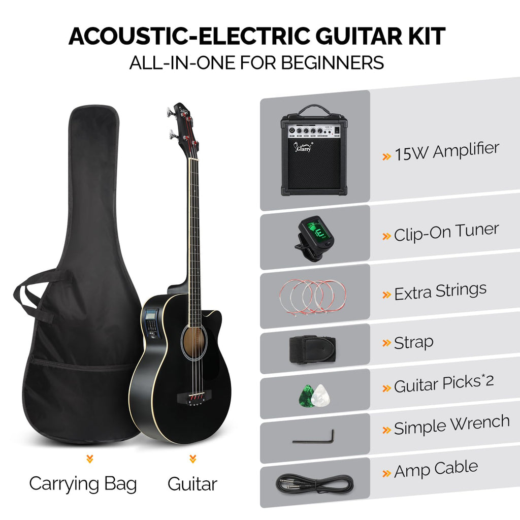Full Size 4 Strings Acoustic Electric Bass Guitar Kit Matte Black H570