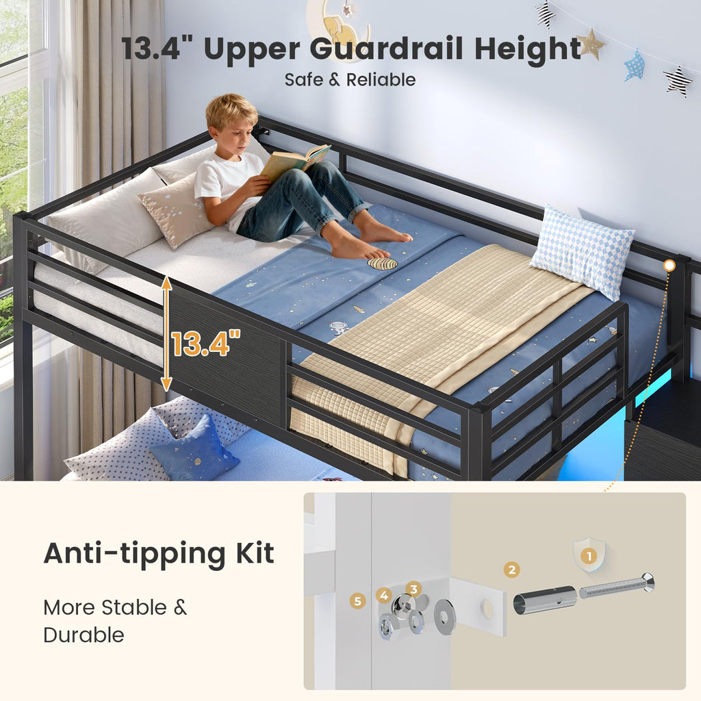Twin Over Twin Bunk Bed with Trundle, Stairs, 6 Drawers, LED Lights I86404