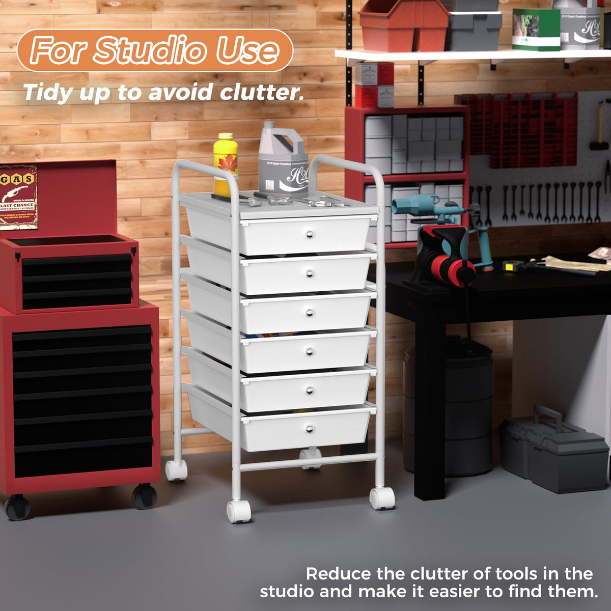 White 6 Tier Rolling Storage Cart with 6 Drawers Q452