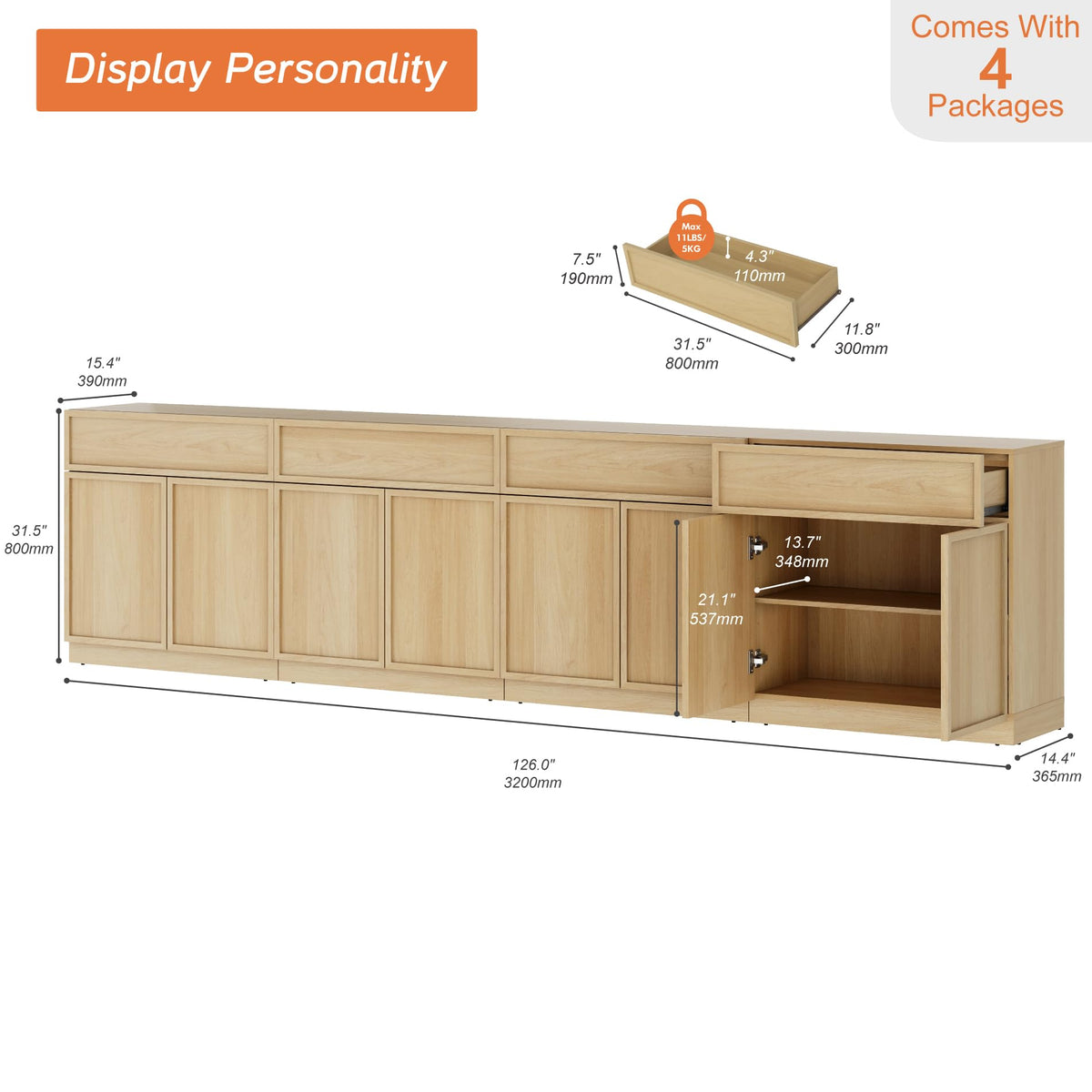 Oak TV Stand with 8 Doors and Drawers V616