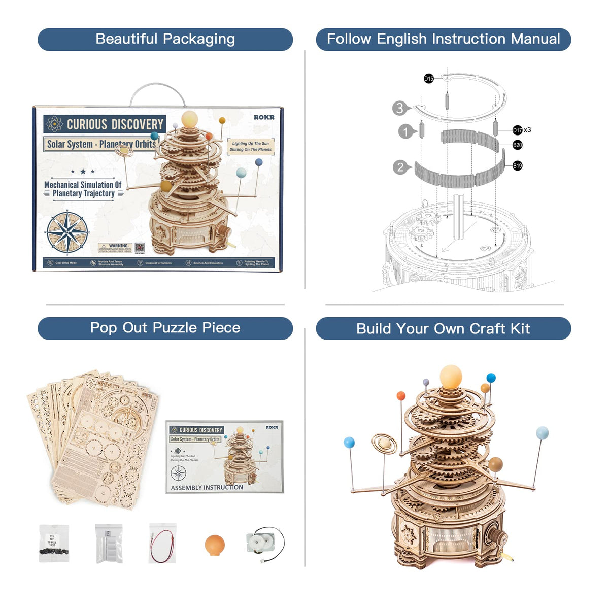 3D Wooden Puzzle Mechanical Building Set 8 Orbiting Planets C958