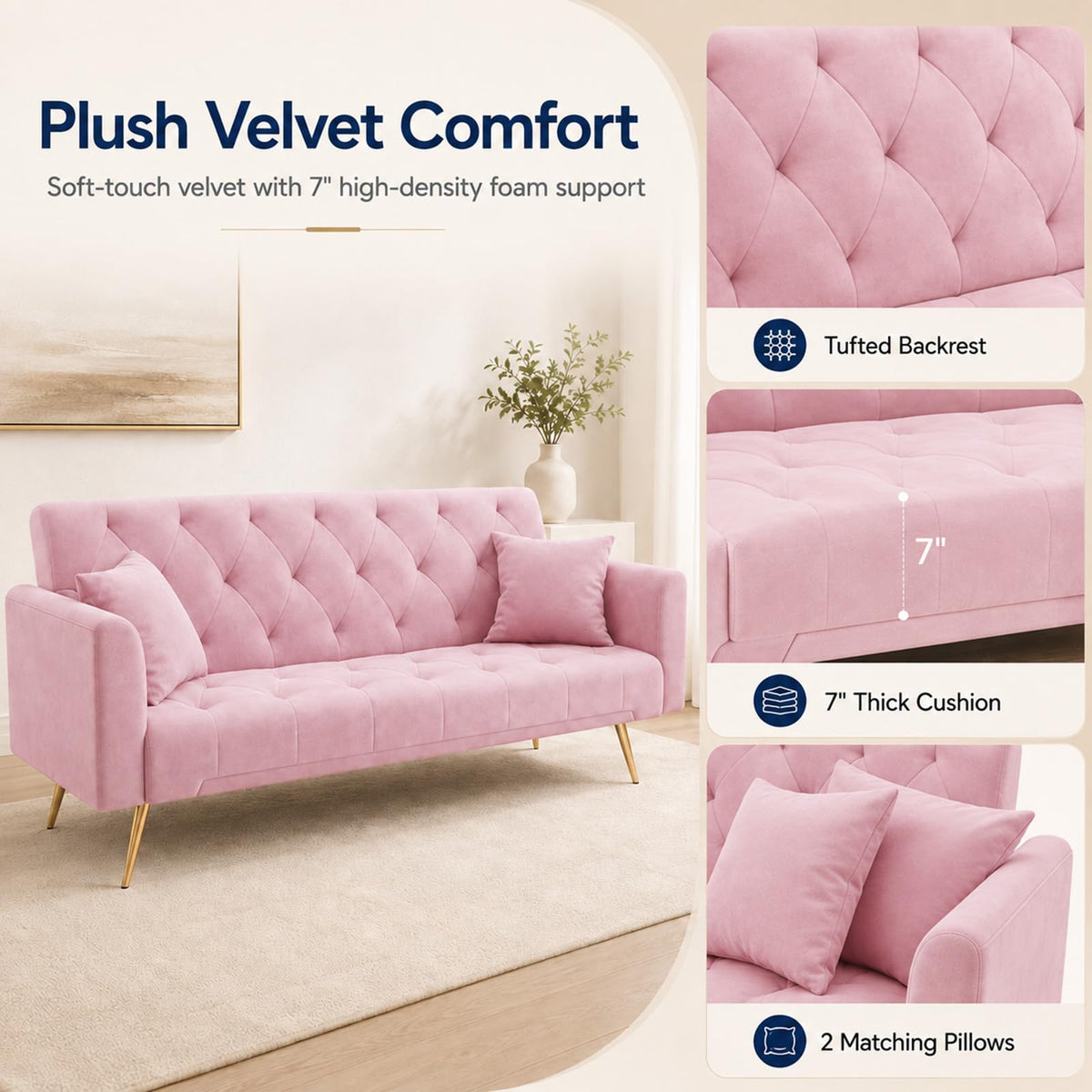 Pink Velvet Futon Sofa Bed T387319