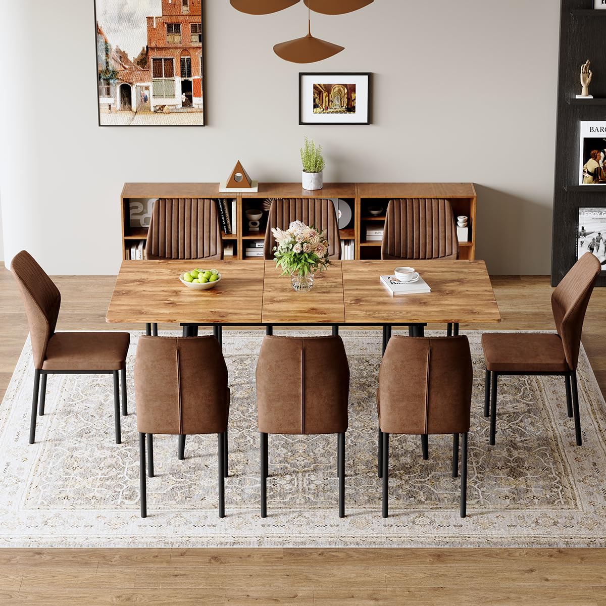 Extendable Dining Table Set for 8 Wood Upholstered Chairs L869