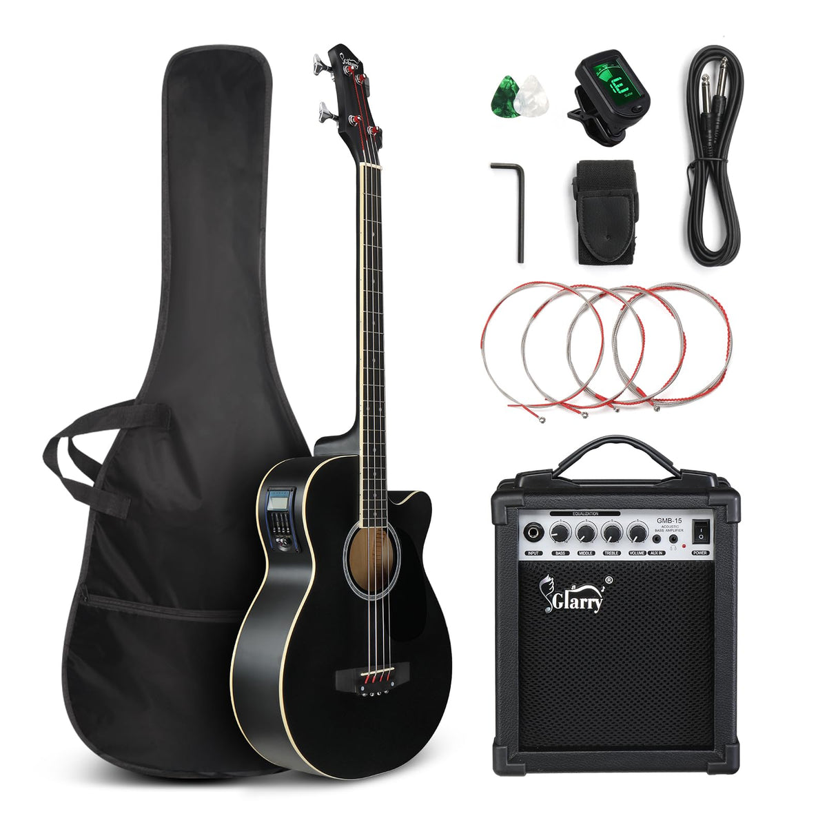 Full Size 4 Strings Acoustic Electric Bass Guitar Kit Matte Black H570
