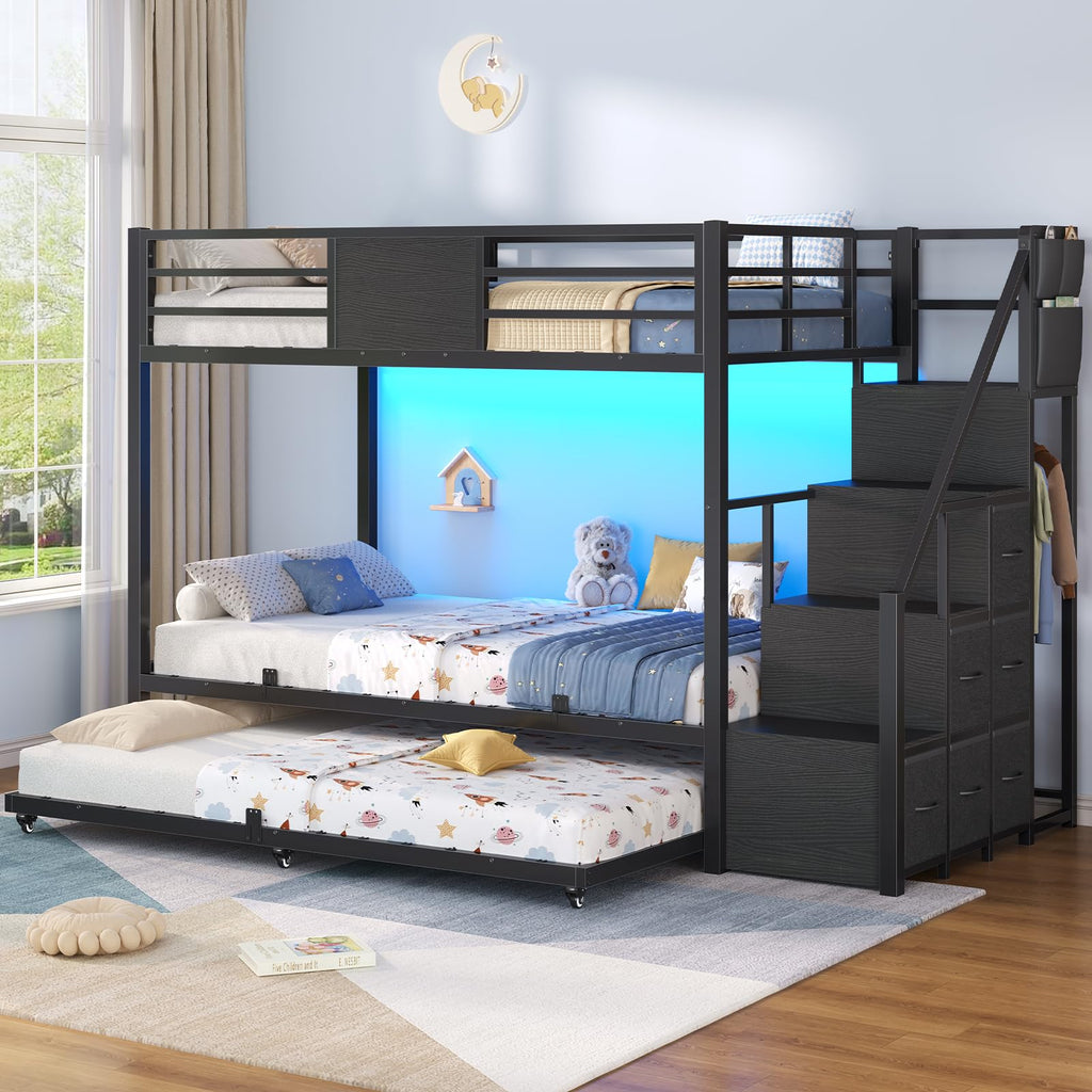 Twin Over Twin Bunk Bed with Trundle, Stairs, 6 Drawers, LED Lights I86404