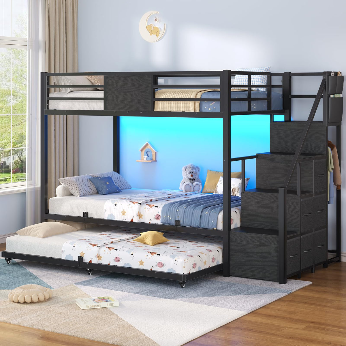 Twin Over Twin Bunk Bed with Trundle, Stairs, 6 Drawers, LED Lights I86404