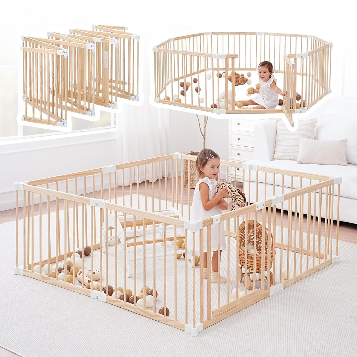 Foldable Wooden Baby Playpen with Gate J628277
