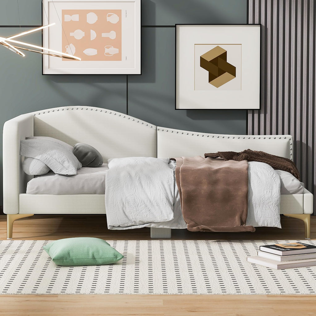 Twin Size Beige Linen Upholstered Daybed with Headboard P250
