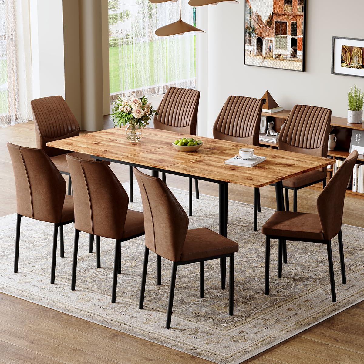 Extendable Dining Table Set for 8 Wood Upholstered Chairs L869