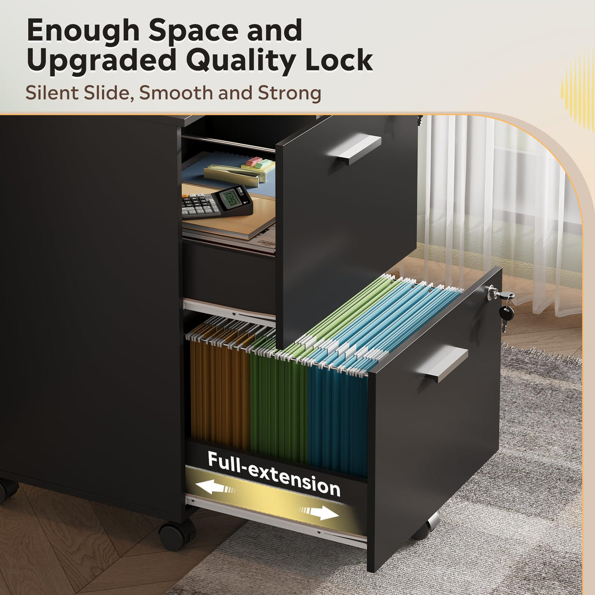 2 Drawer Wood File Cabinet with Lock, Black U8295