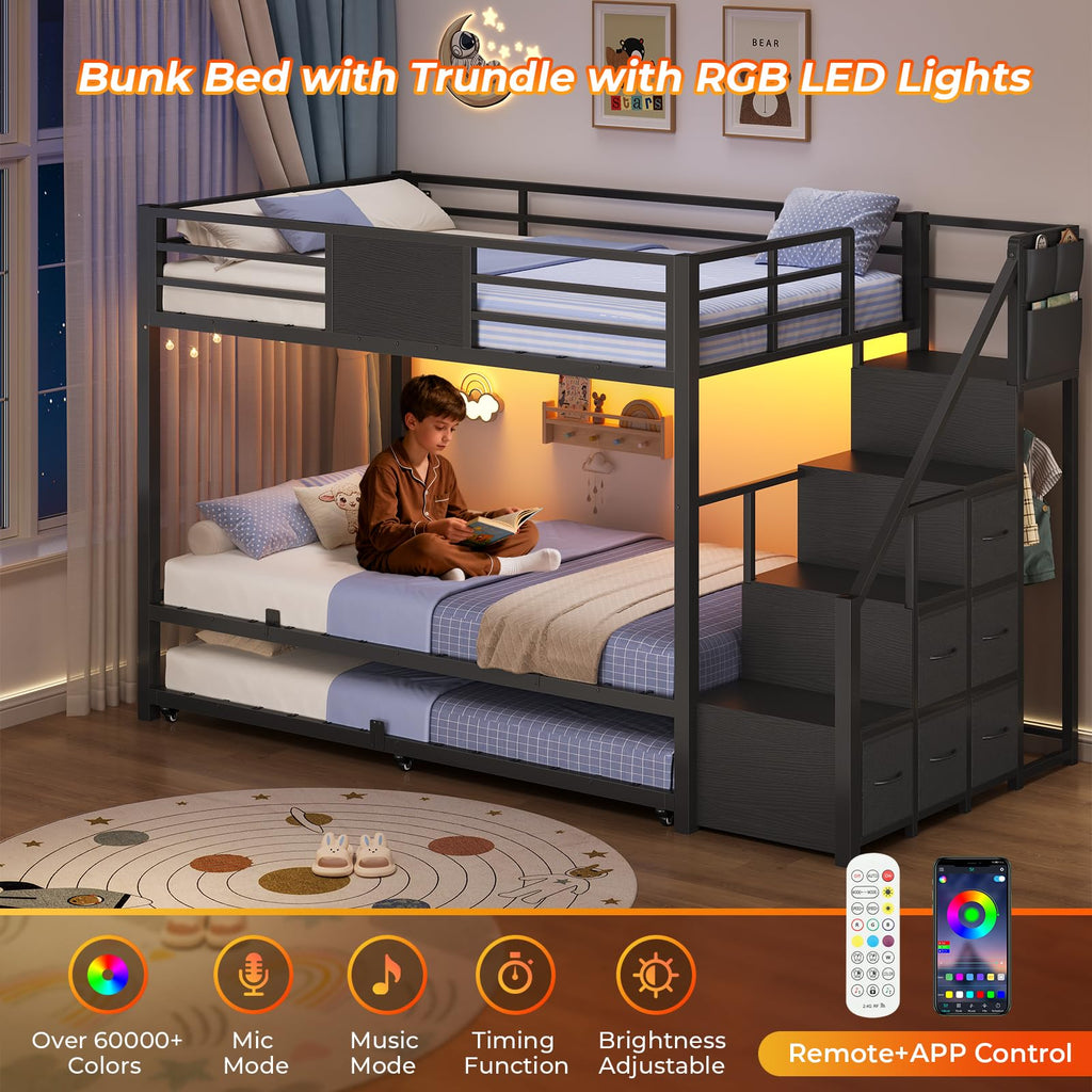 Twin Over Twin Bunk Bed with Trundle, Stairs, 6 Drawers, LED Lights I86404