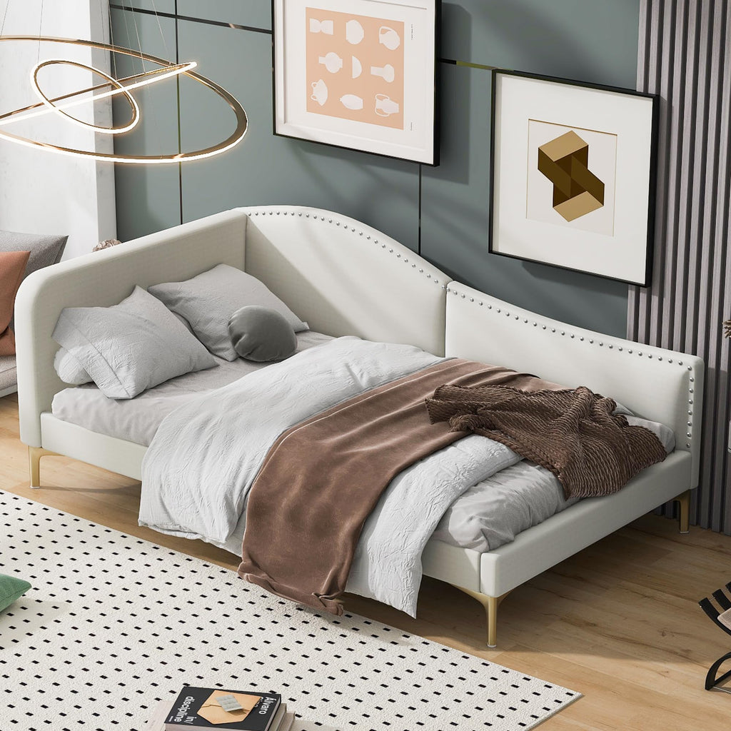 Twin Size Beige Linen Upholstered Daybed with Headboard P250