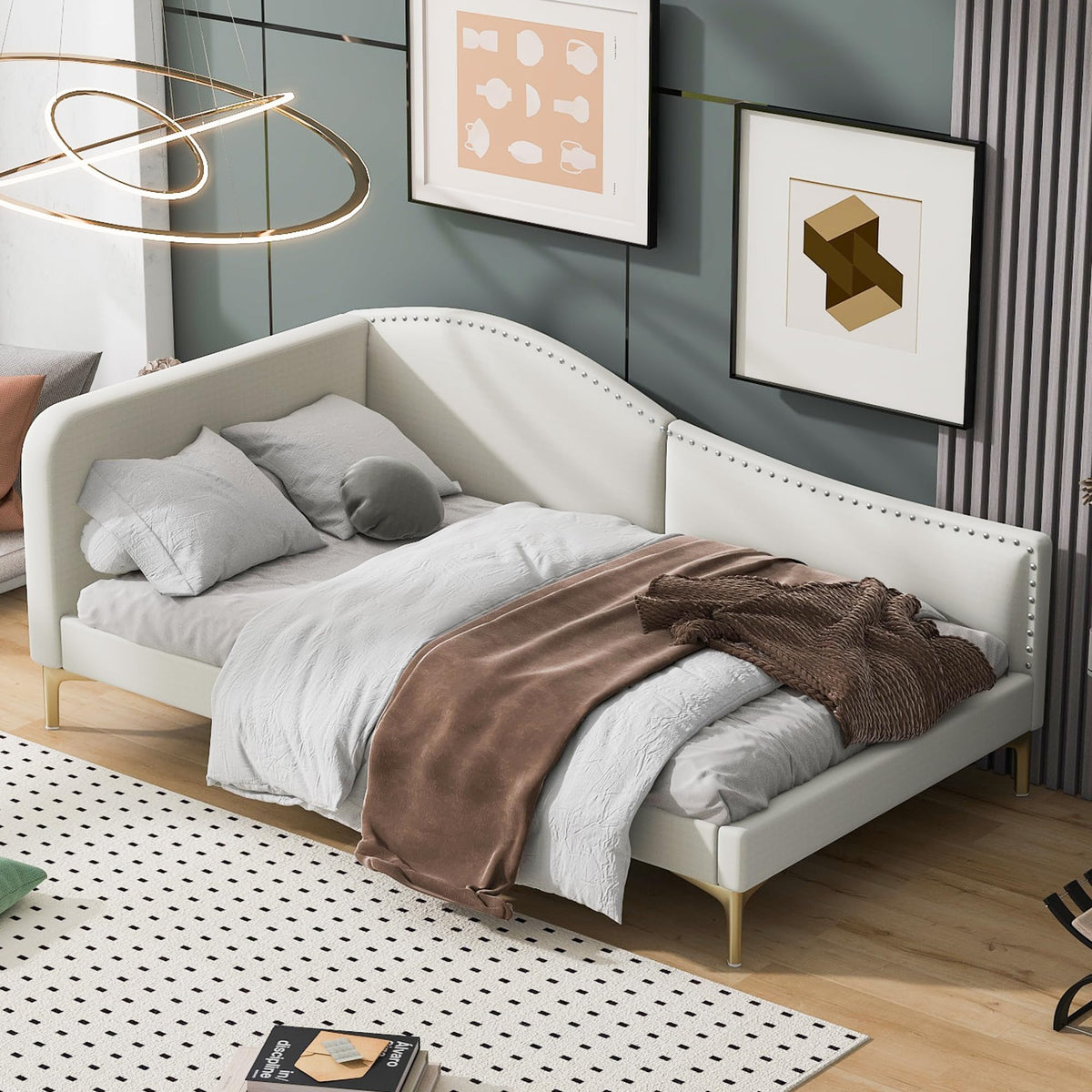 Twin Size Beige Linen Upholstered Daybed with Headboard P250