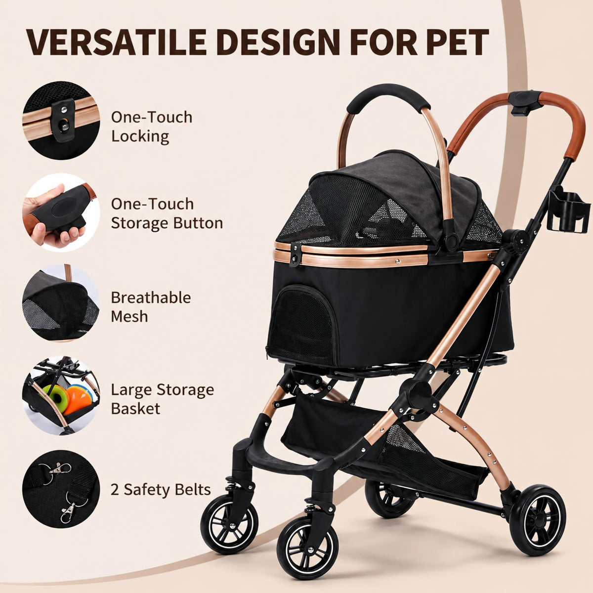 Black 3-in-1 Pet Stroller with Removable Carrier V391786