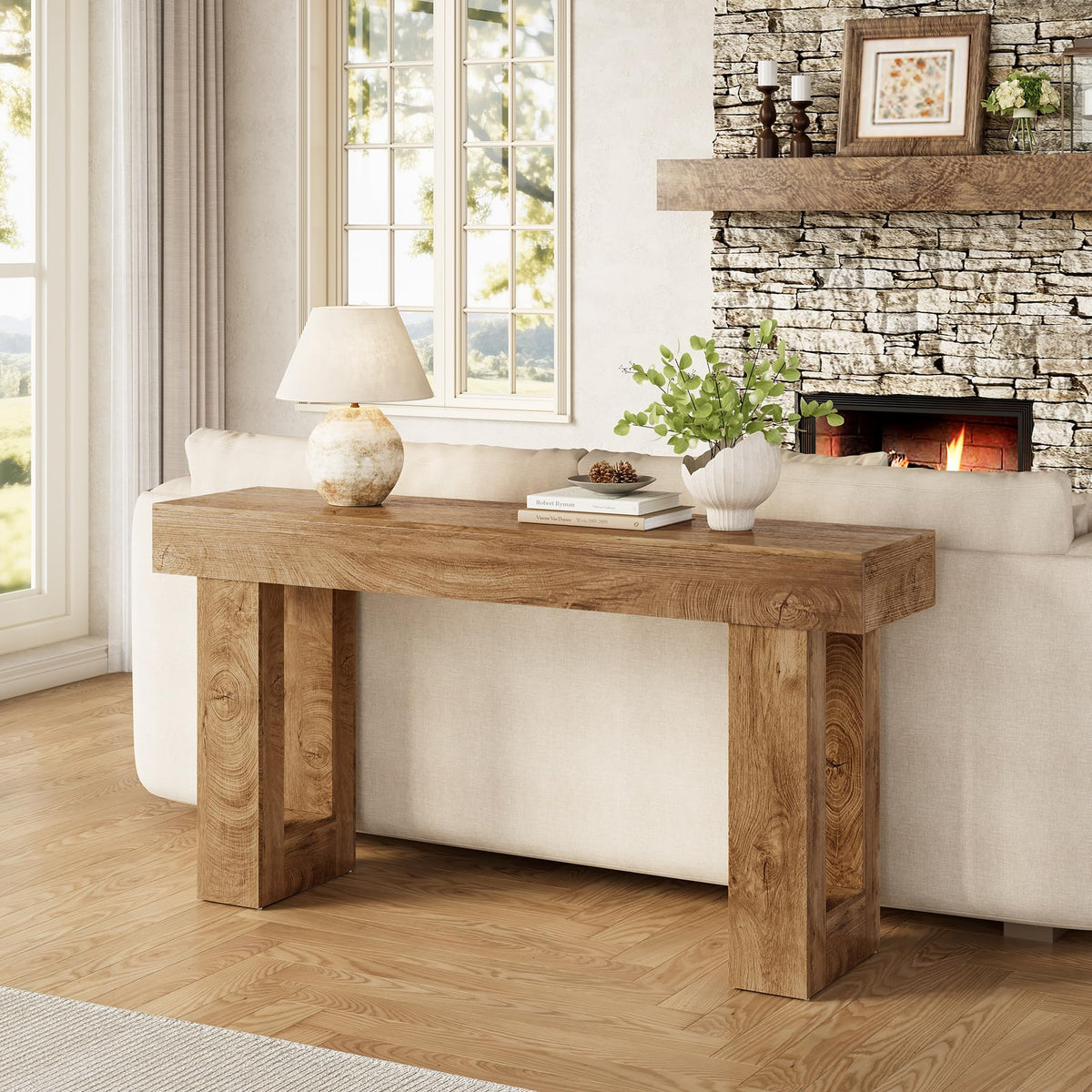 63 Inches Oak Color Wooden Console Table L420461