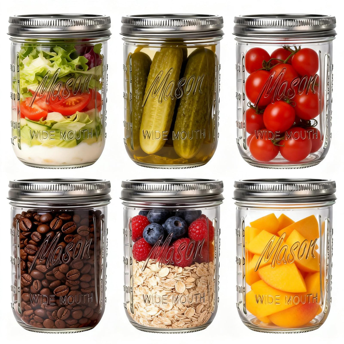 6-Pack 16 oz Wide Mouth Glass Mason Jars with Lids F3473