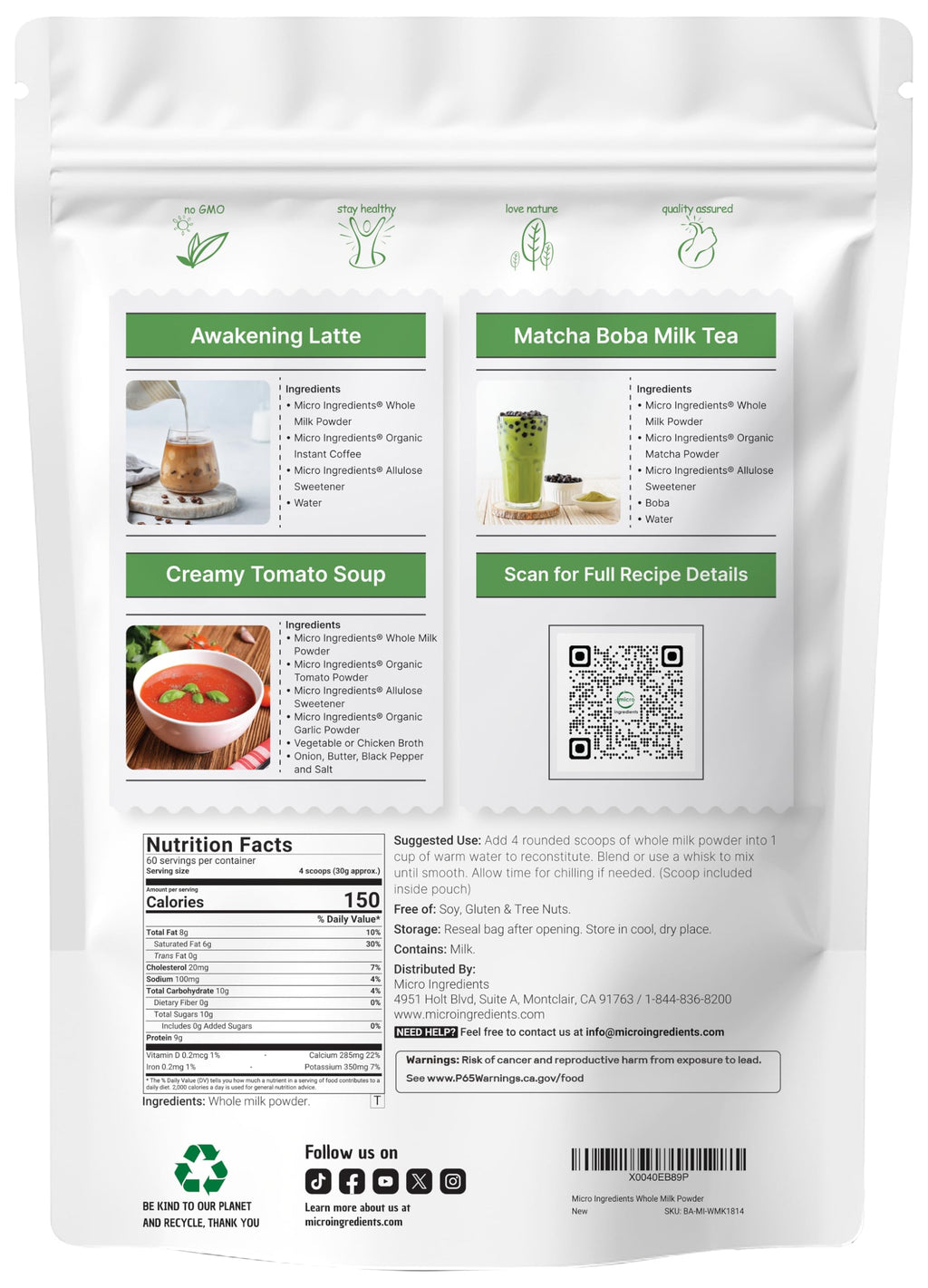 Whole Milk Powder 4 lb Pasture-Raised rBST-Free Non-GMO Gluten-Free S808