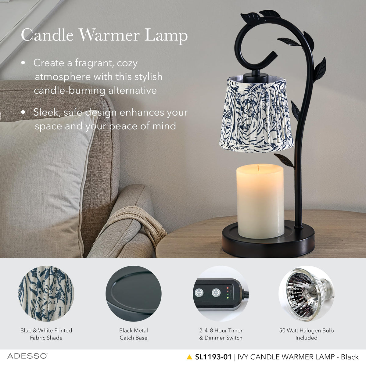 Black & White Printed Shade Dimmable Candle Warmer Lamp J55857