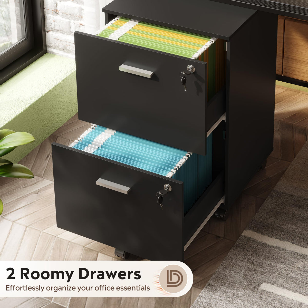 2 Drawer Wood File Cabinet with Lock, Black U8295