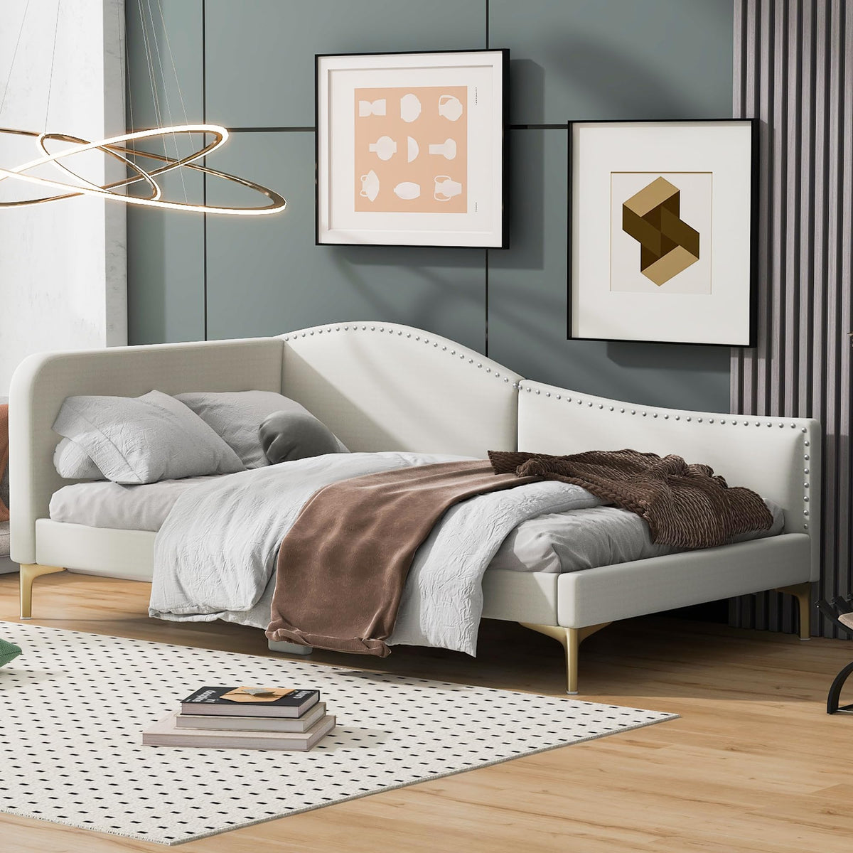 Twin Size Beige Linen Upholstered Daybed with Headboard P250