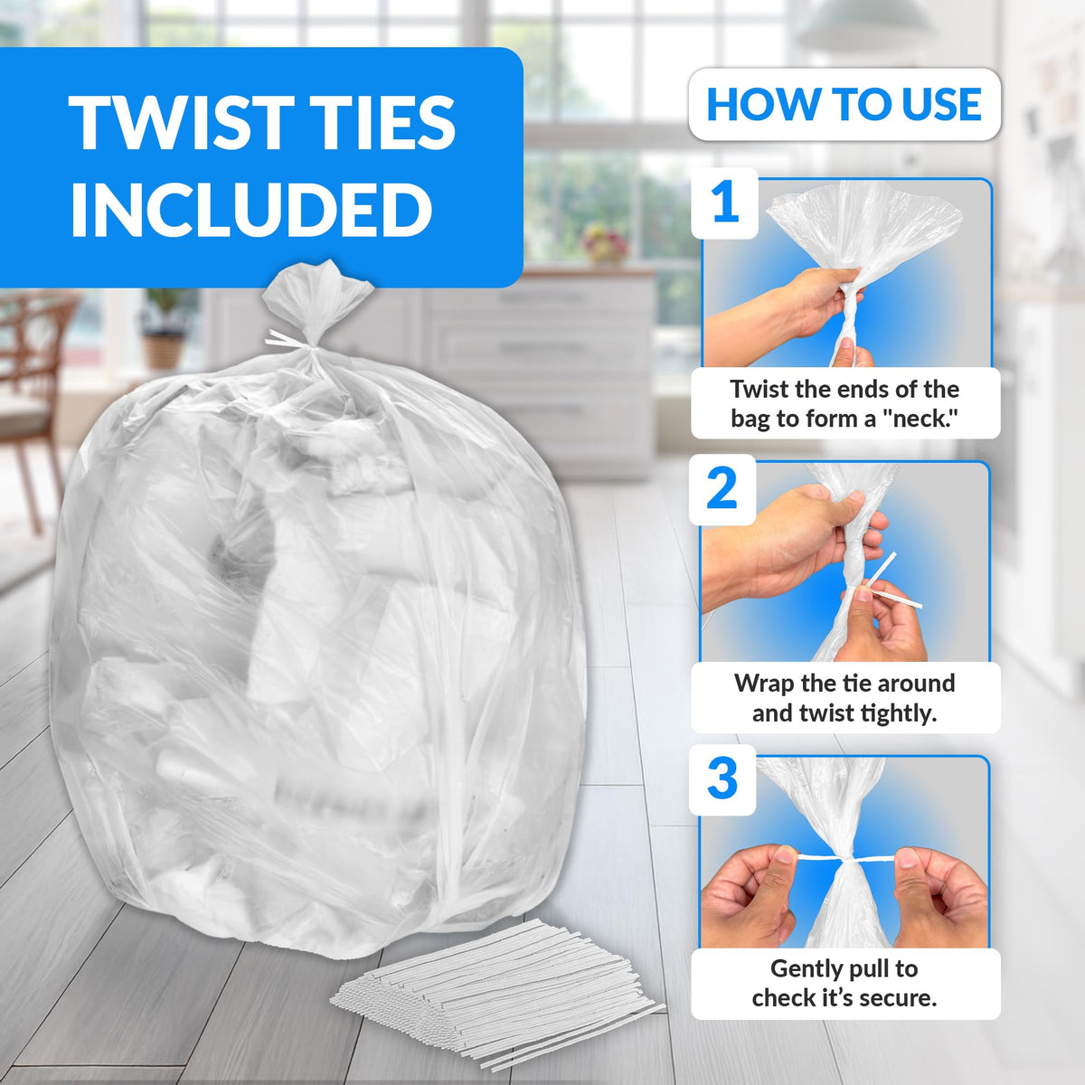 Clear Trash Bags with Twist Ties 50 Count Heavy Duty K52494