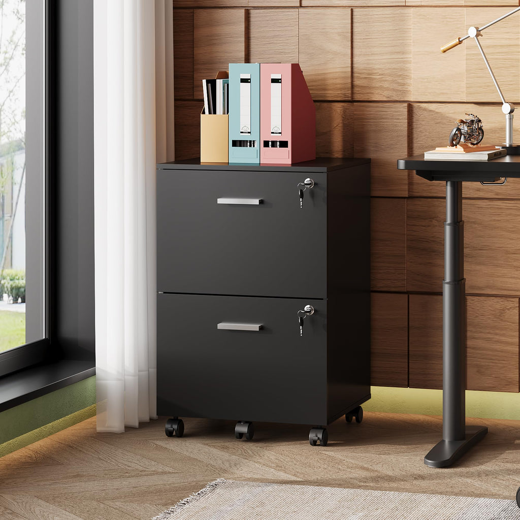 2 Drawer Wood File Cabinet with Lock, Black U8295