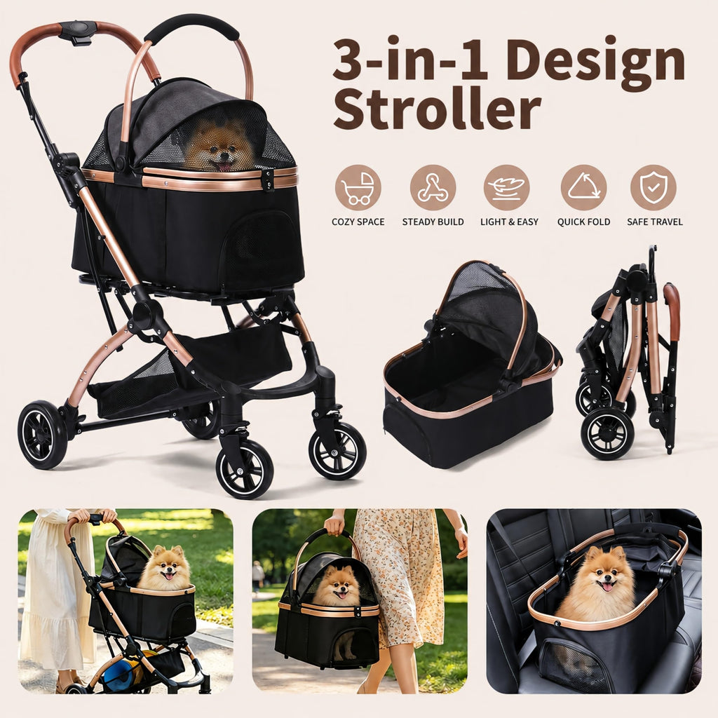 Black 3-in-1 Pet Stroller with Removable Carrier V391786