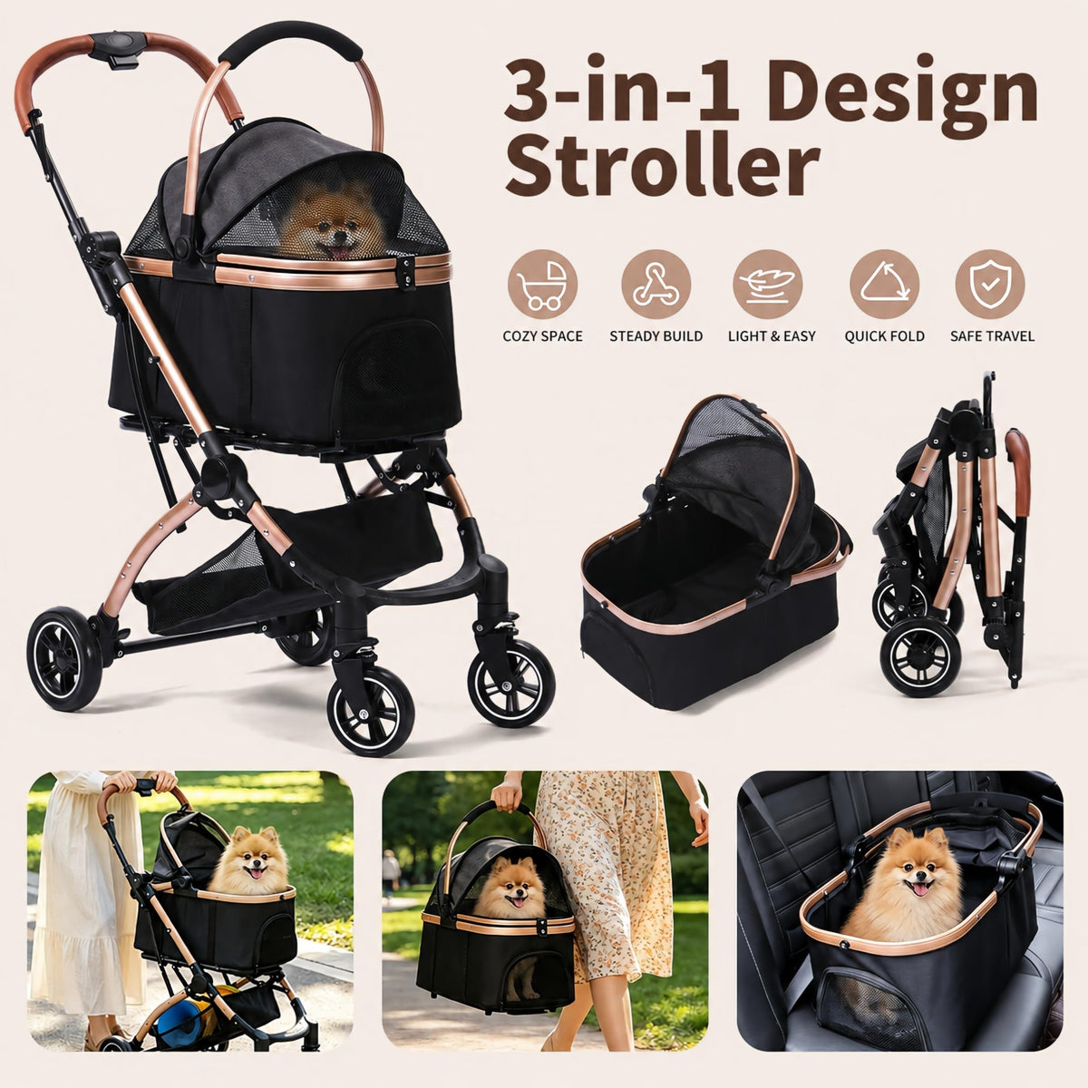Black 3-in-1 Pet Stroller with Removable Carrier V391786