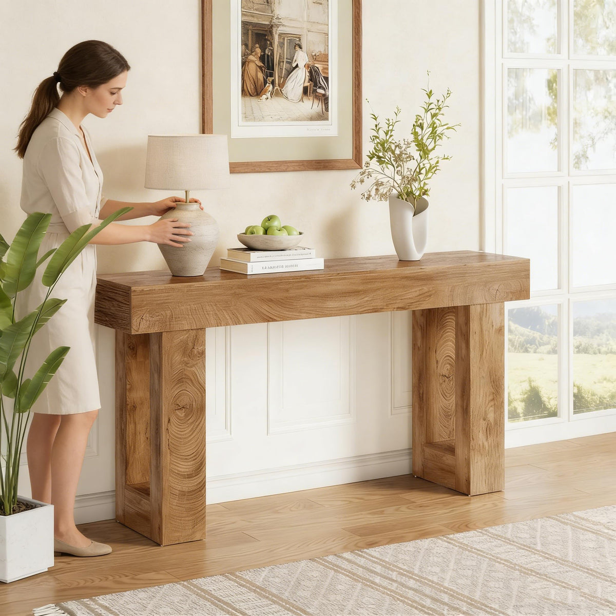 63 Inches Oak Color Wooden Console Table L420461