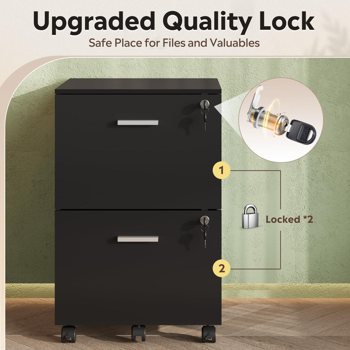 2 Drawer Wood File Cabinet with Lock, Black U8295