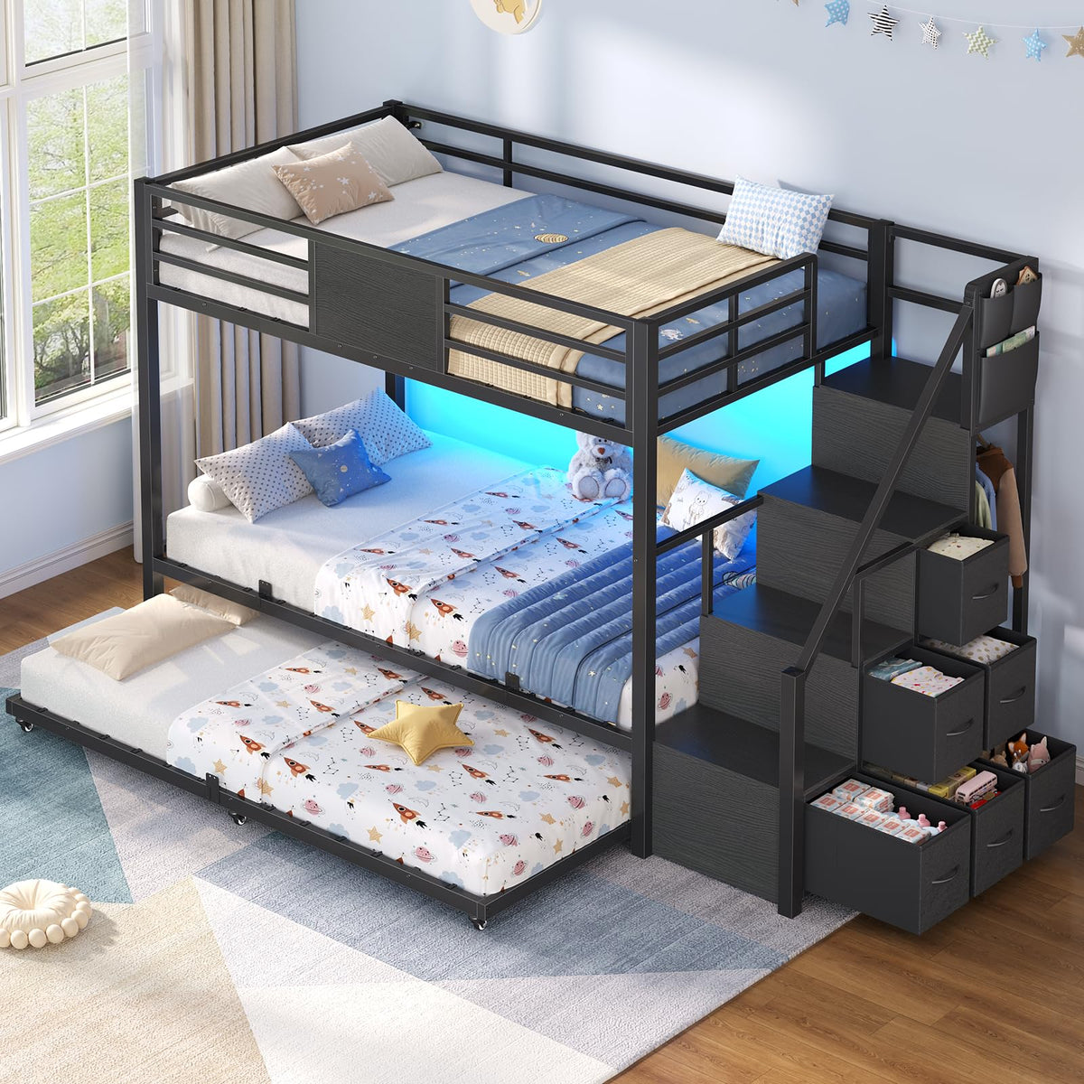 Twin Over Twin Bunk Bed with Trundle, Stairs, 6 Drawers, LED Lights I86404