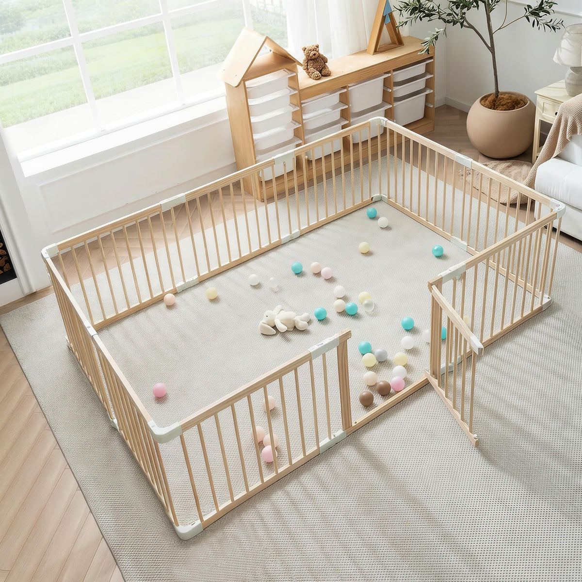 Foldable Wooden Baby Playpen with Gate J628277